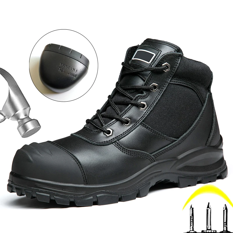 Genuine Leather Work Boots Cowhide Safety Shoes Men Waterproof Protection Shoes Puncture-Proof Indestructible Shoes Steel Toe