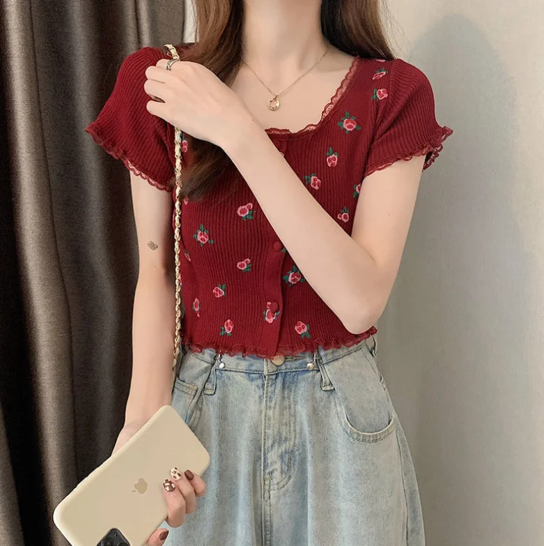 Spring/Summer New Fashion Short Sleeved Round Neck Printed Knitted T-shirt For Women,6 Colors