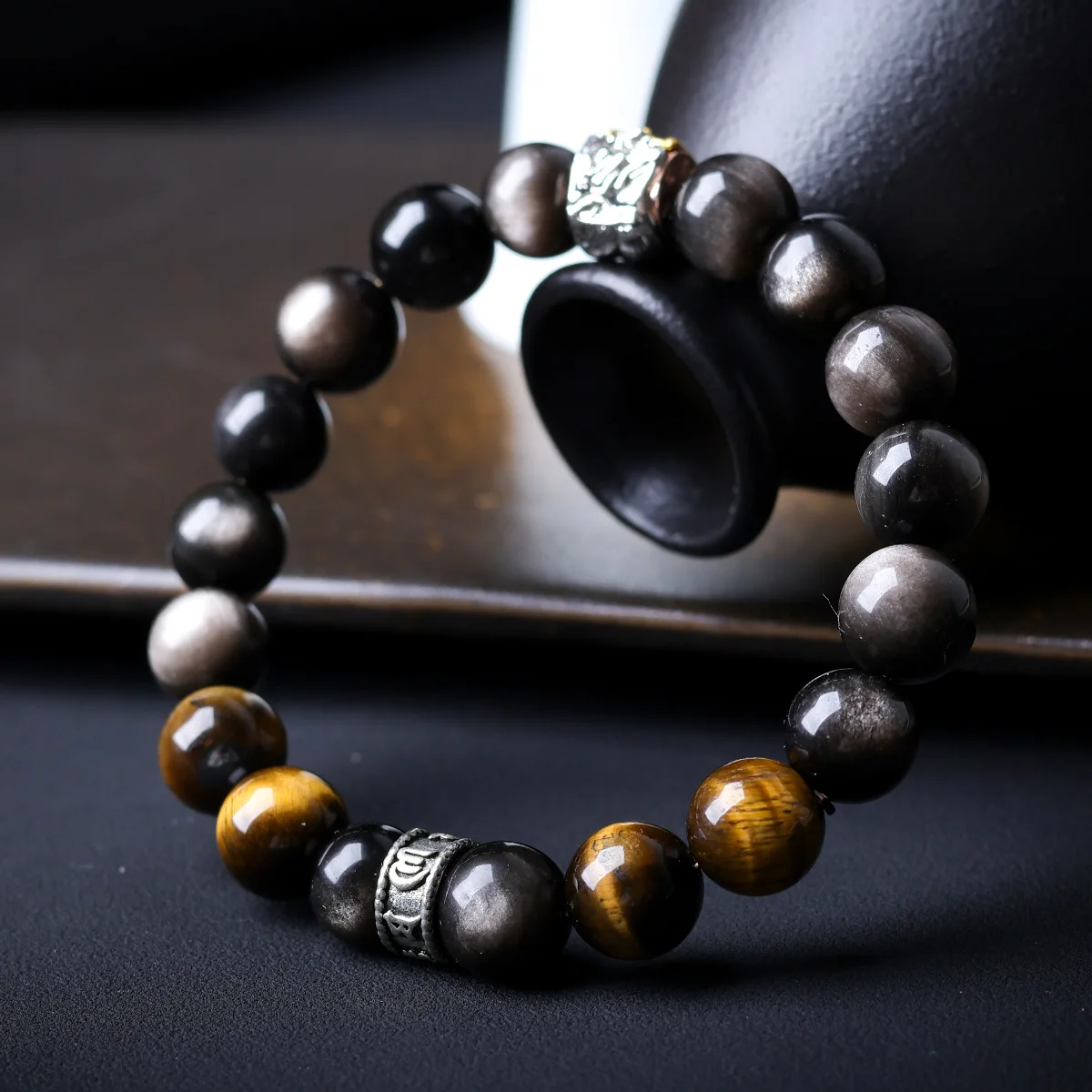New 2026 Silver Sheen Obsidian Bracelet with Tiger Eye Stone Original One Thought Beaded Bracelet Gifts view 3
