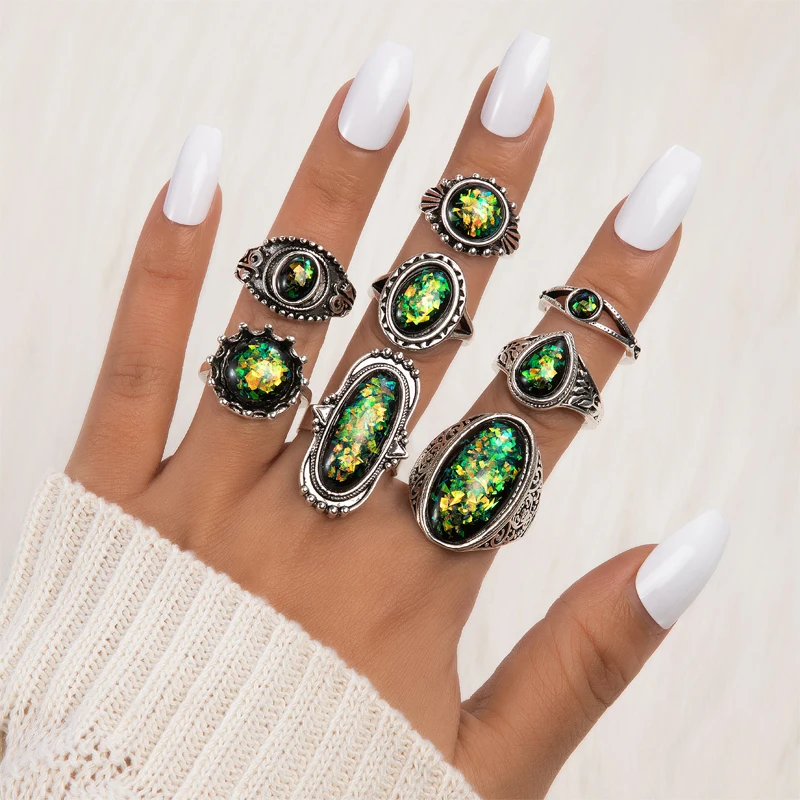Tocona New Vintage Black Color Opeal Stone Water Drop Ring Sets for Women Men Trendy Geometry Party Jewelry кольца 8pcs/set