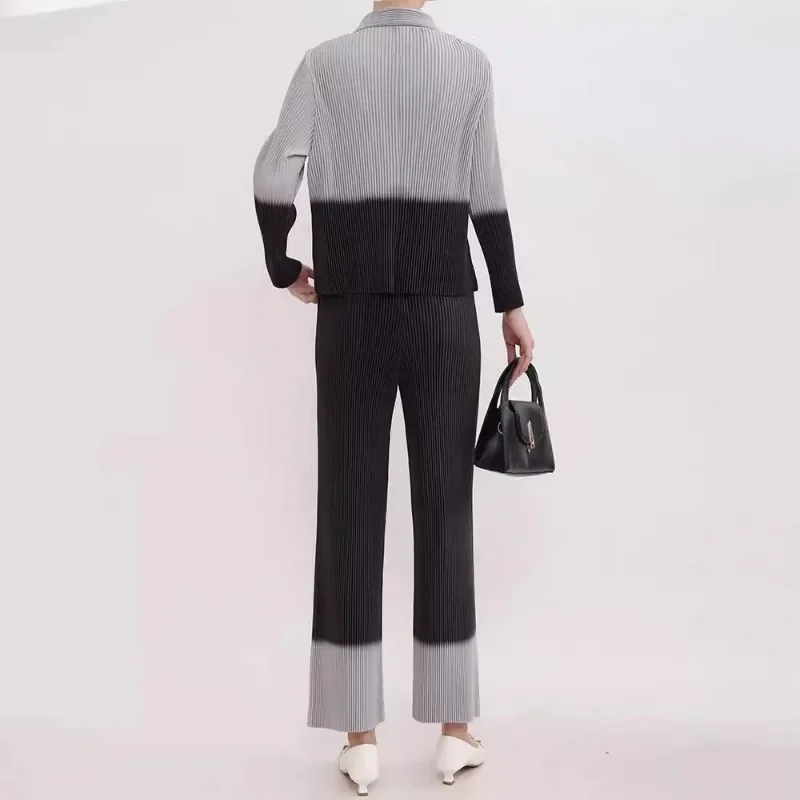 GGHK Women Two-piece Gradient Color Lapel Long-sleeved Jacket High-waisted Casual Straight Pants 2024 Autumn Winter New Suit