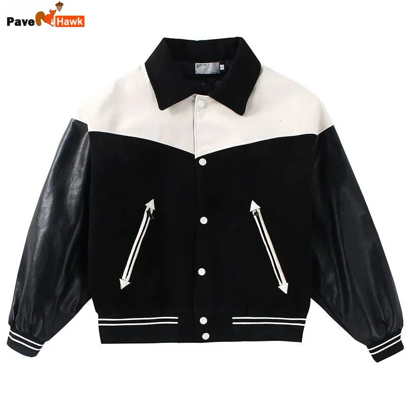 Men\'s Baseball Jackets Vintage Patchwork PU Sleeve High Street Spring Coats Loose Autumn Street Racing Motorcycle Outwear New