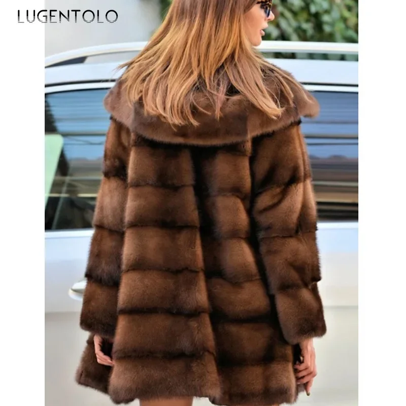 Faux Fur Wam Coat Hooded Loose New Autumn Winter Cardigan Elegant Lady Pocket Fashion Quality Street Casual Clothing Lugentolo