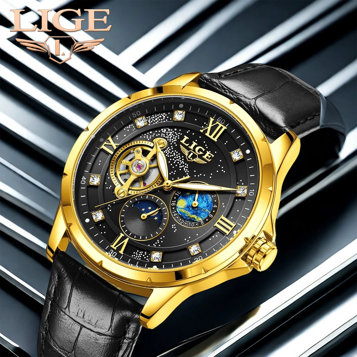 

LIGE Men's Automatic Movement Mechanical Watch Business Hollow Casual Sport Moon Phase Leather Waterproof Men Top Luxury Watches