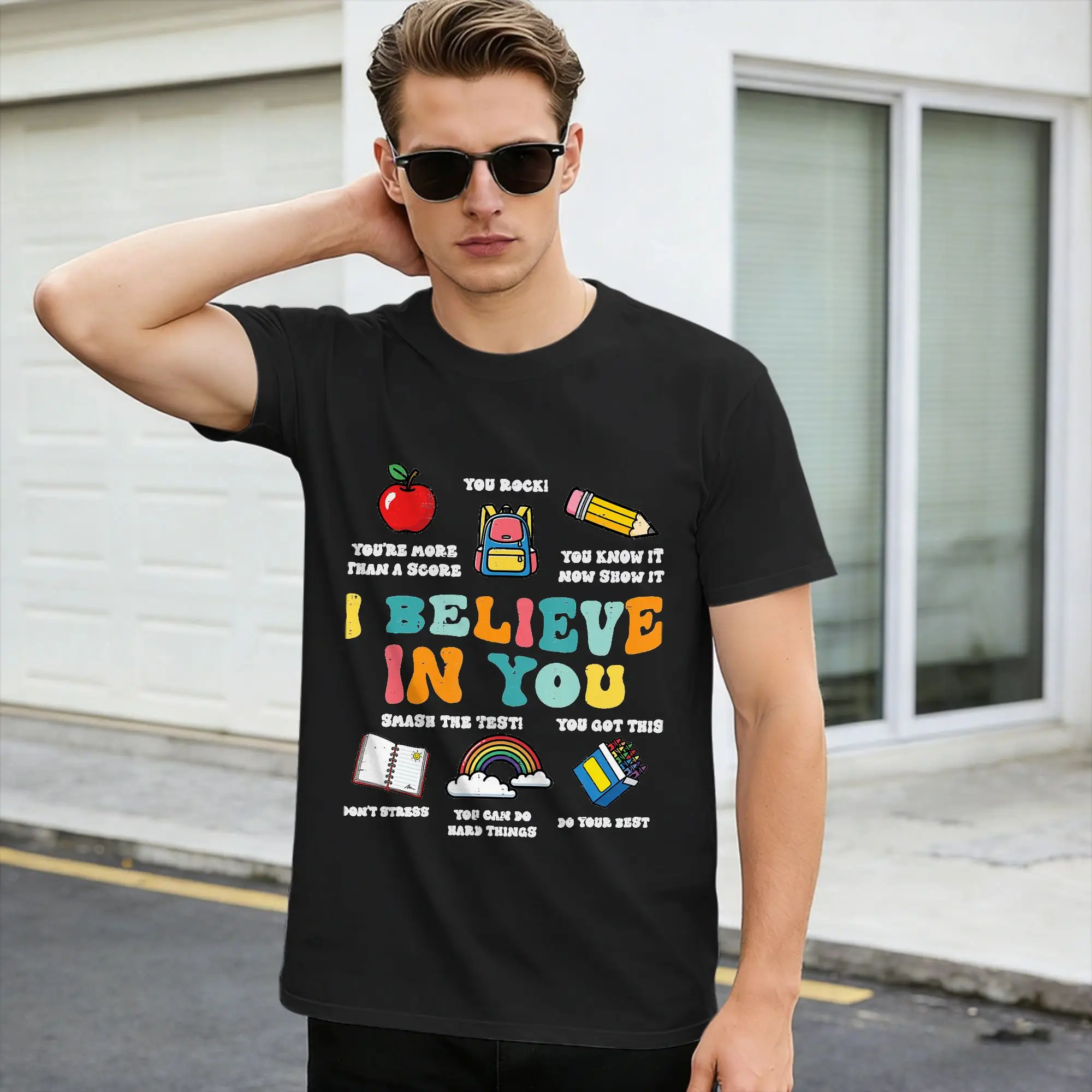 Testing Day I Believe in You State Test Cotton T-Shirt For Man Summer  Y2K Retro T-Shirts Hippie Tees Big Size Casual Tops,
