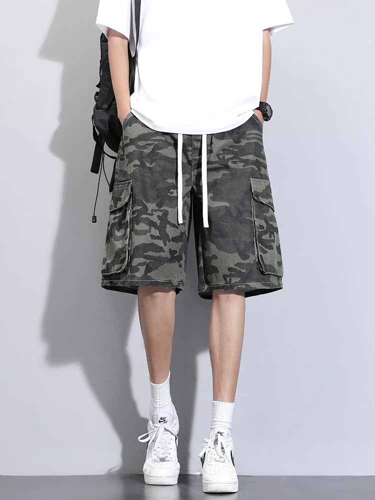 

Summer New Cargo Shorts Men Camouflage Multi Pocket Casual Pant Straight Baggy Elastic Waist Trousers Retro Military Half Pants