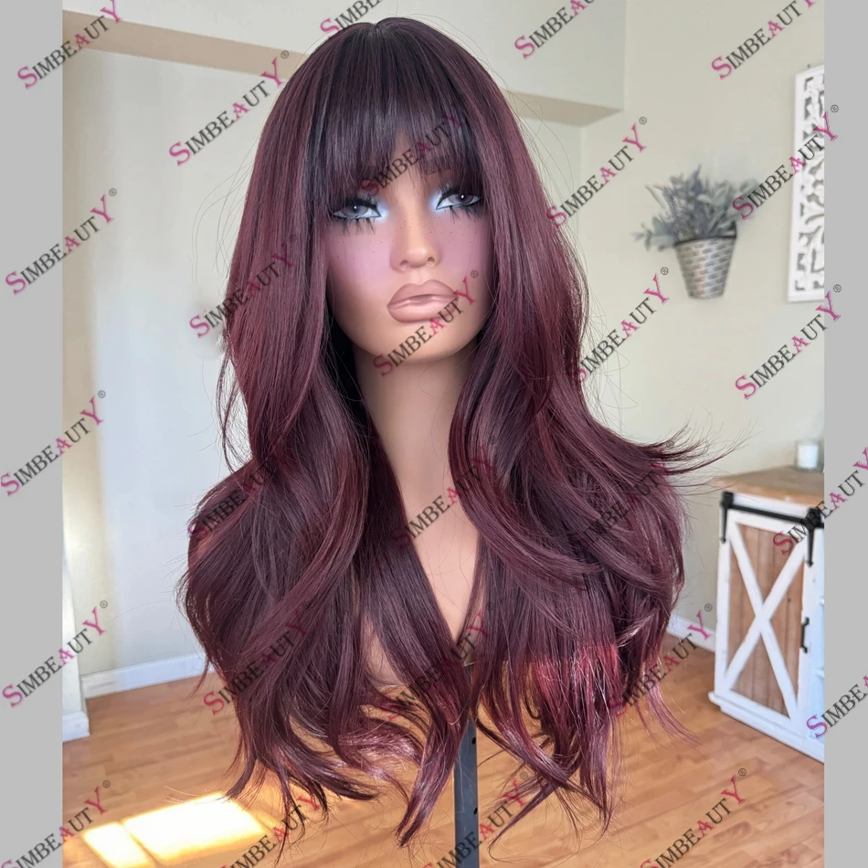 Ombre Plum Burgundy Fringe Cut Wavy Human Hair Lace Front Wigs 200 Density Brazilian Remy Hair 13x6 Lace Front Wig for Women