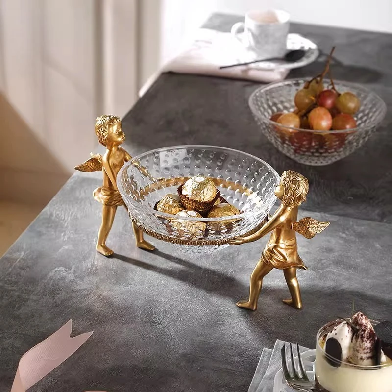 

European Luxury Brass Angel Fruit Bowl Imported Crystal Fruit Bucket Decoration Living Room Home Ornaments Snacks Candy Storage