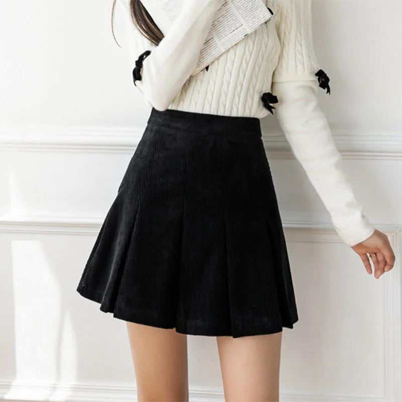 Fashion High Waist Pleated Skirts Women 2024 Spring Summer Corduroy Mini Skirts Woman Korean Black Brown Short Skirt