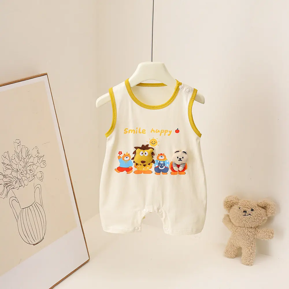 Infants and Young Children's Summer Thin Pure Cotton Sleeveless One-Piece Cartoon Cute Romper for Boys and Girls, Sweat-Absorbent, Breathable and Casual