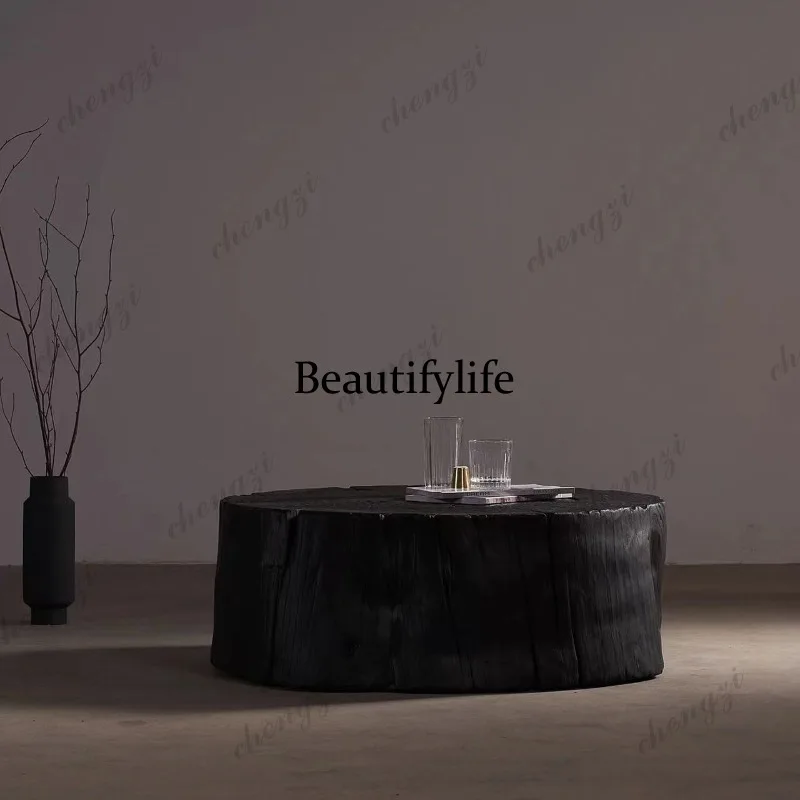 Bed and breakfast wabi-sabi wind charcoal black log coffee table living room wood tea table irregular wooden pier