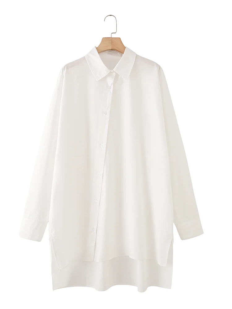 

European style new women's fashion versatile temperament solid color irregular hem split cotton poplin shirt