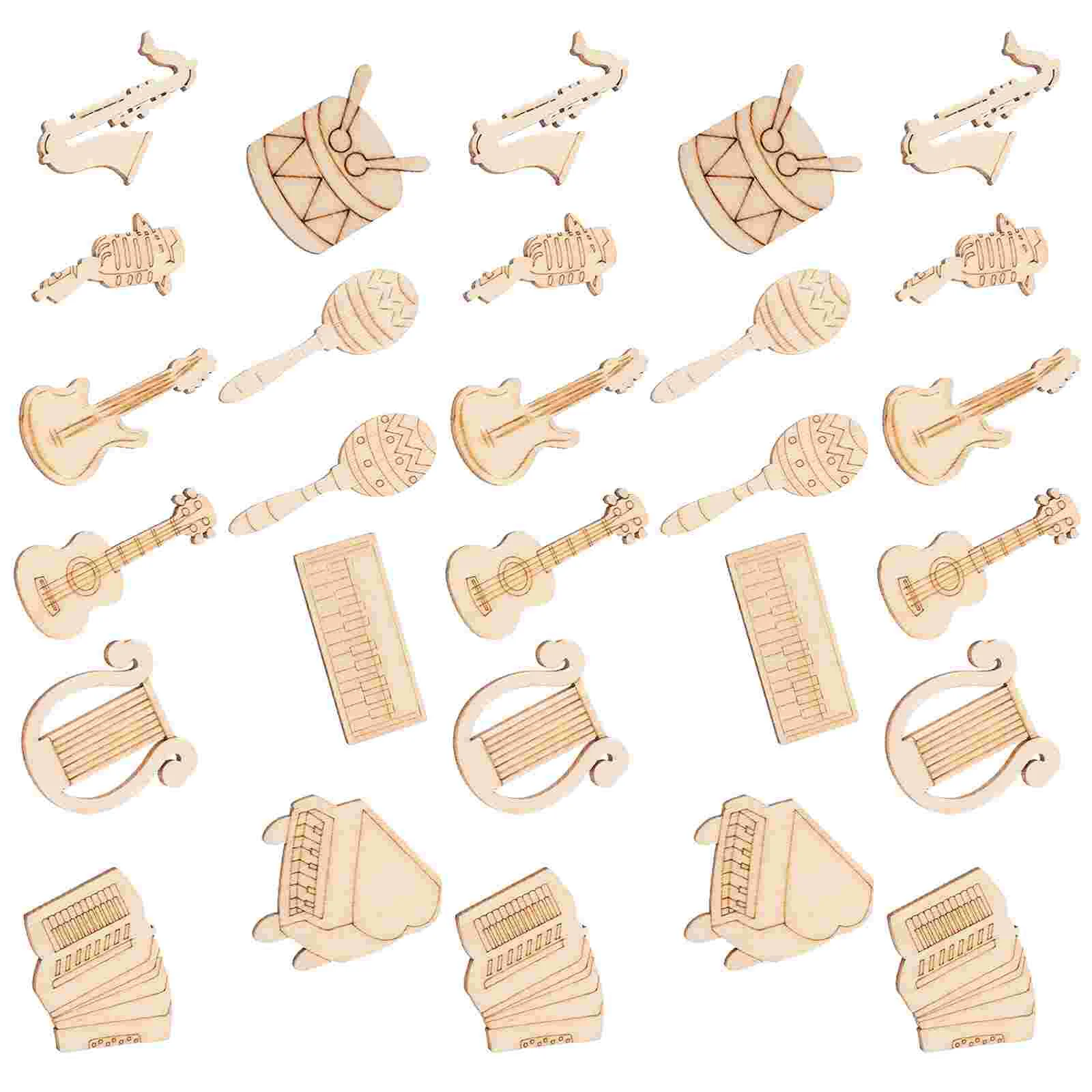 100 Pcs Wooden Cartoon Musical Notes Piano Guitar Bass Saxophone Instrument Series DIY Handmade Decorative Chips 100pcs Cutouts