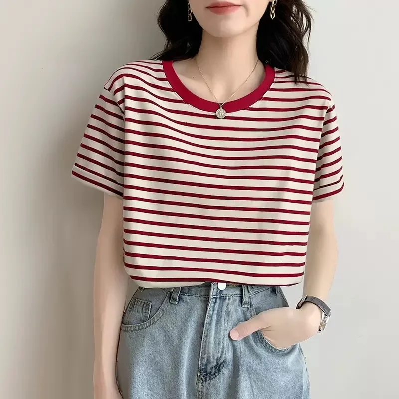 

Women New Big O-Neck Striped T-shirts Simple Contrast Tops Cotton Solid Color T-shirts Spring Summer All-Match Loose Casual Tees