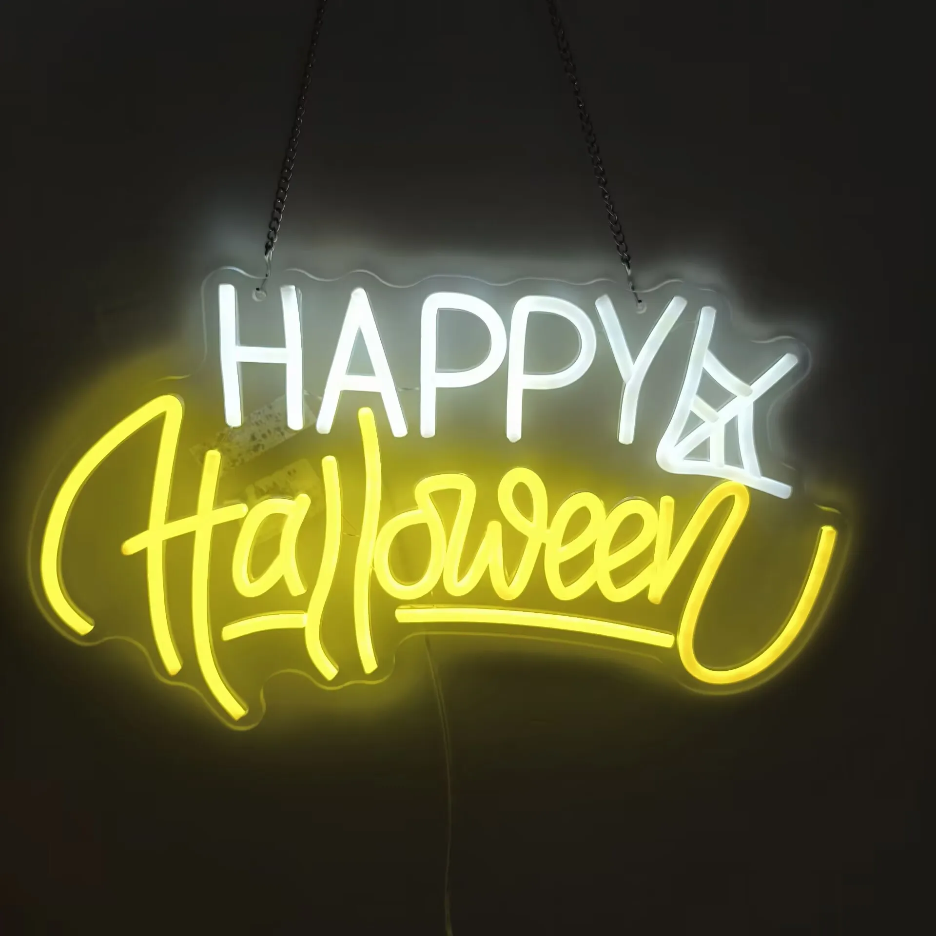 Happy Spider Web LED Neon Sign USB Dimmable Neon Light Sign for Gameroom Bedroom Bar Livingroom Birthday Party Gift Wall Decor