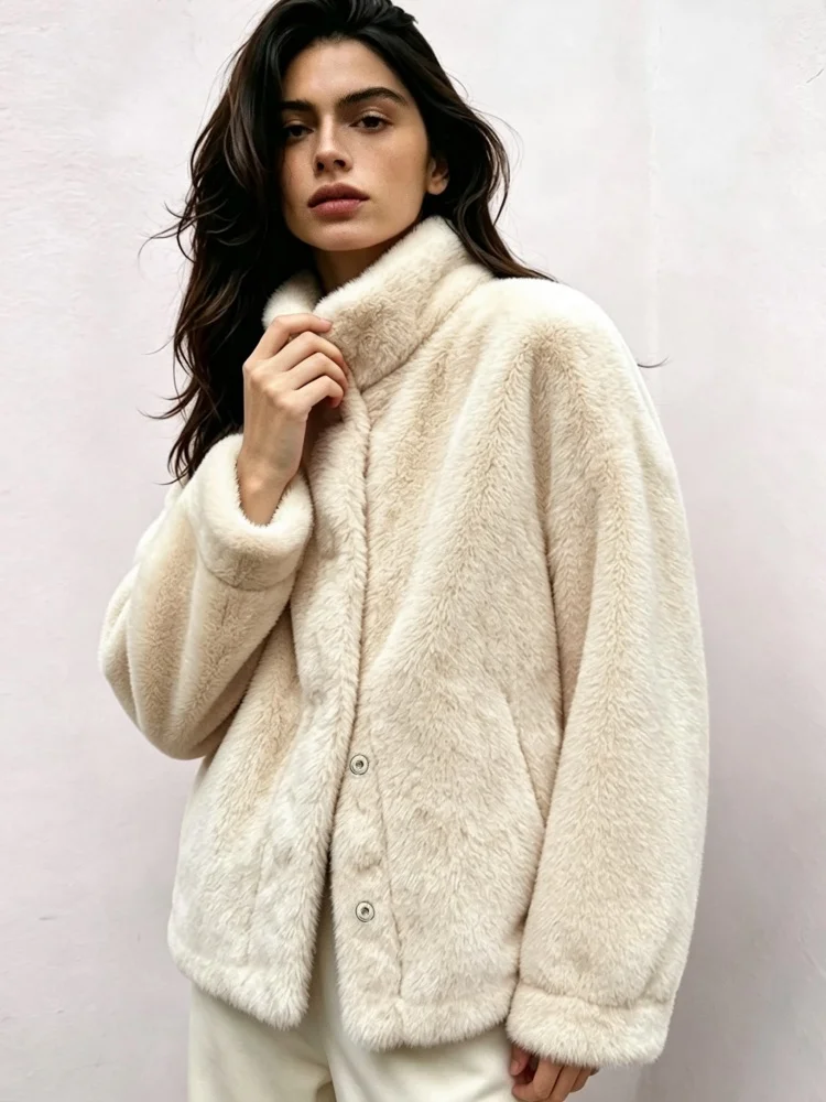 AACHOAE Women Faux Fur Jacket Winter Coat Stand Collar Long Sleeve Snap Button Warm Loose Casual Elegant Outerwear