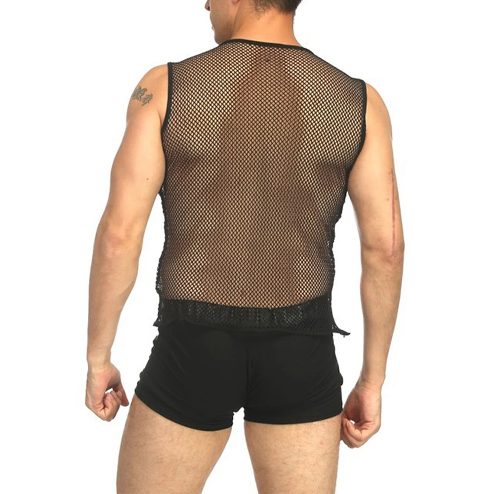 Mens Tank Top Mesh Fishnet String Vest Sleeveless See Through Slim Fit Vest Sport Gym Shirts Tank Top Tee Man Colthing