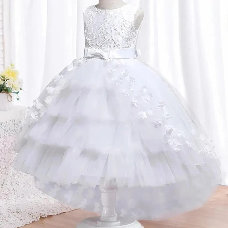 Elegant Flower Trailing Girls Party Dress Christmas Costume Tulle Bow Wedding Princess Dresses Girl Birthday Bridesmaids Evening