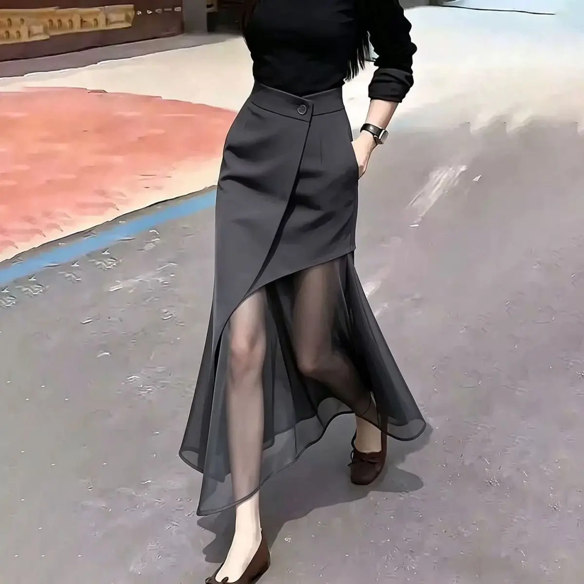 Gray Mesh Splicing Long Skirt Women New Fashion High Waist Irregular Medium and Long Skirt
