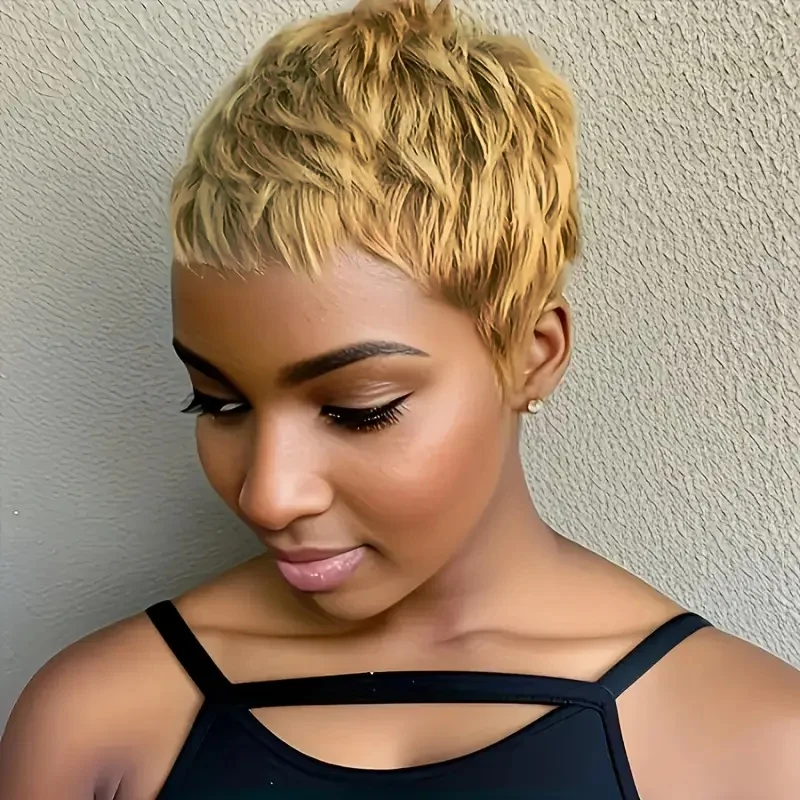 짧은 픽시 컷 가발 인모 여성용 브라질 인모 가발