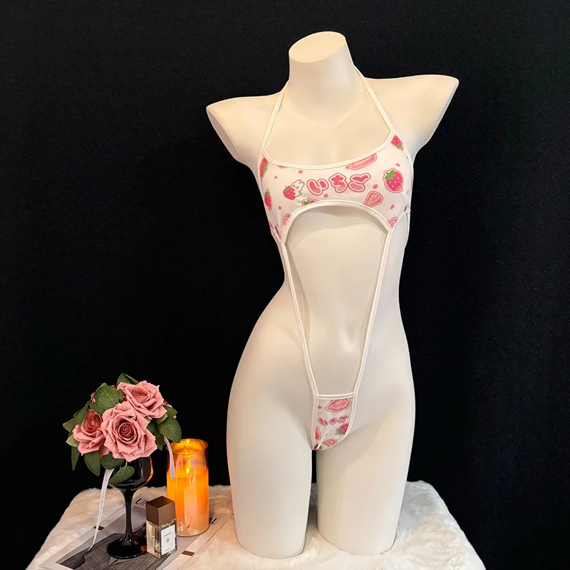 

Hot Erotic Sexy Kawaii Mini Three-Point Lace-Up Bra Panties Onesie Strawberry Bikini Beach Swimsuit Panties Cosplay Jumpsuit Set