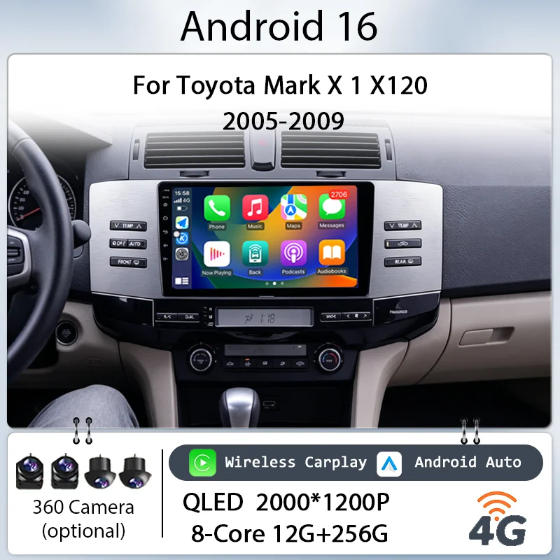 

Android 16 Wireless CarPlay GPS Bluetooth for Toyota Mark X 1 X120 2005-2009 Car Stereo 9" IPS HD Touch Screen Multimedia Player