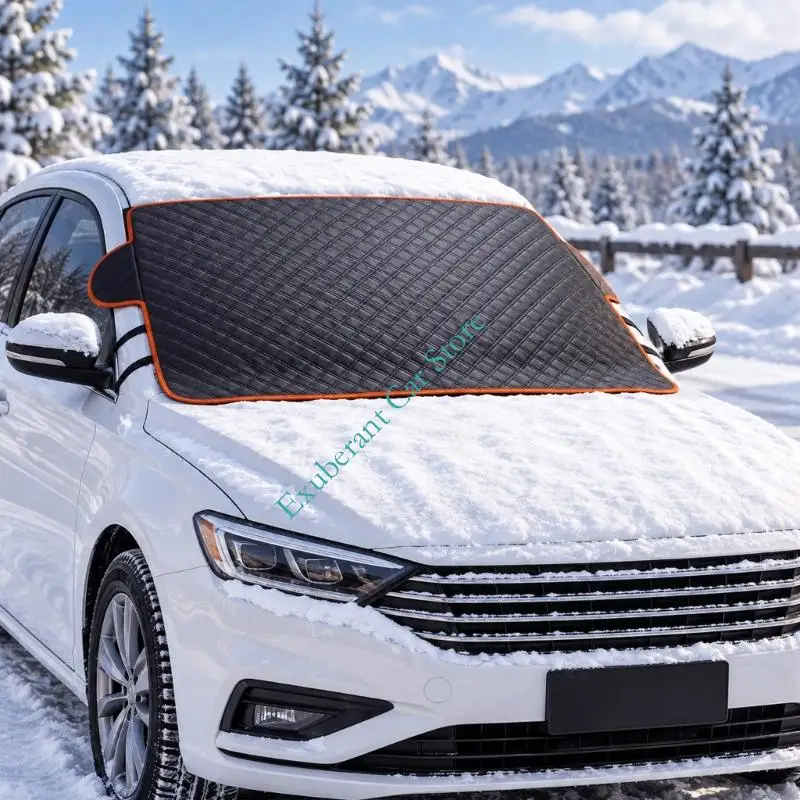 Car Windshield Cover for Snow, Ice, and Winter Buildup, Four-Layer Construction with Soft Inner Lining and Door-Tucked Flaps for