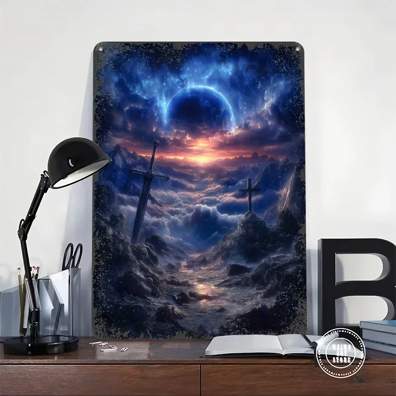 Fantasy Landscape With Sword and Cross Tinplate Poster Customized Wall Art Vintage Retro Metal Signs for Bathroom Decor Man Cave