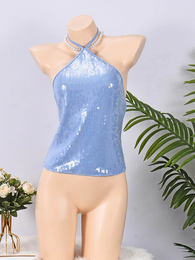 แฟนทอย กลิตเตอร์เลื่อมประกายผู้หญิงเสื้อครอปสีฟ้าเซ็กซี่แบ็คเลส แบนเดจเสื้อกล้ามฤดูร้อนผอมสบายๆปาร์ตี้คลับแวร์