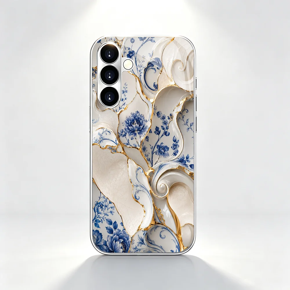 Blue white jade texture s26 ultra case Glass phone case for Samsung Galaxy S26 25 24 23 22 FE Ultra Plus Scratch Resistant Case