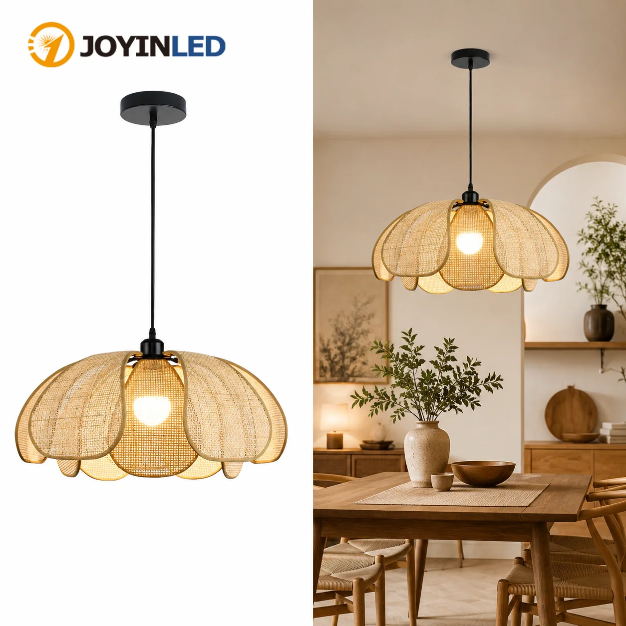 JOYINLED Bamboo Chandelier 50CM Woven Petal Pendant Light LED Hanging Lamp Ceiling Fixture for Dining Room Bedroom Living Room