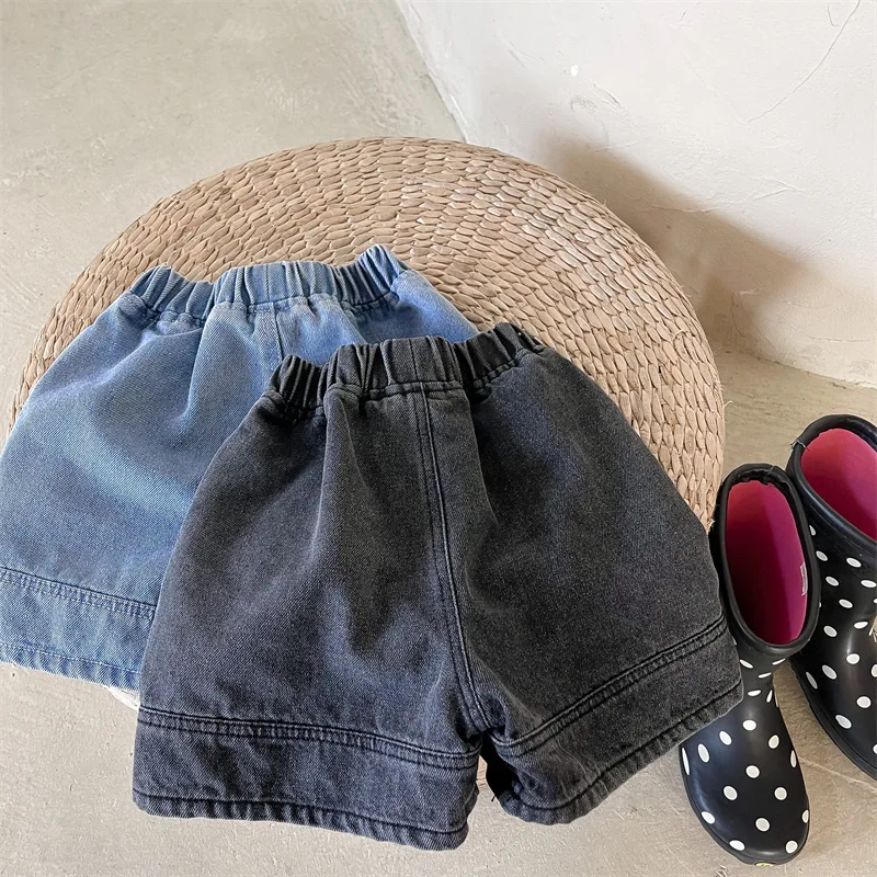 2026 Baby Summer Denim Shorts Boys and Girls Patched Solid Color Short Pants for Kids Toddlers Korean Pants