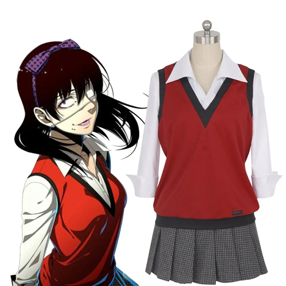 Midari Ikishima Cosplay Costume Anime Kakegurui School Girl Uniform Shirt Sweater Vest Skirt Set Eyepatch Hairband Party Outfit