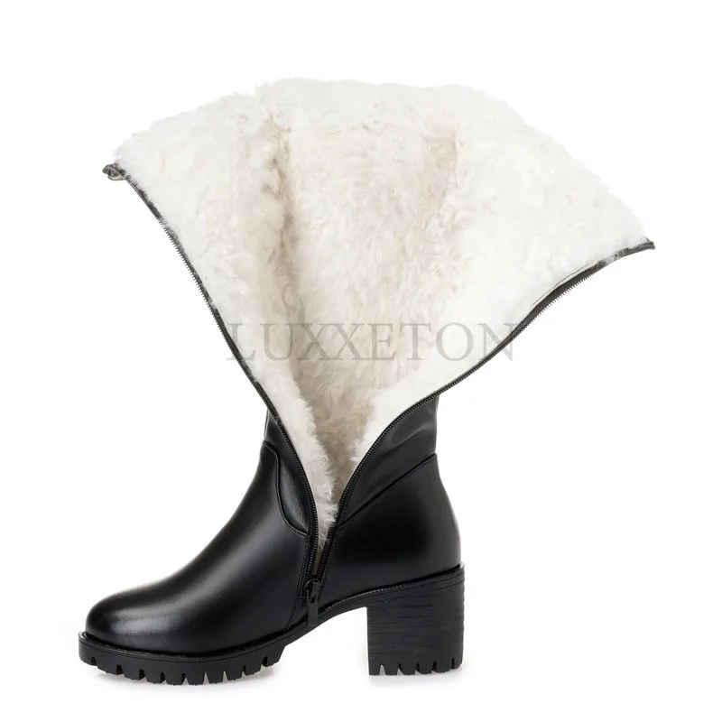 Genuine Leather Round Toe High Heels Women Boots Knee Length Wool Lining for Warmth and Slim Fit Long Leg Knight Boots