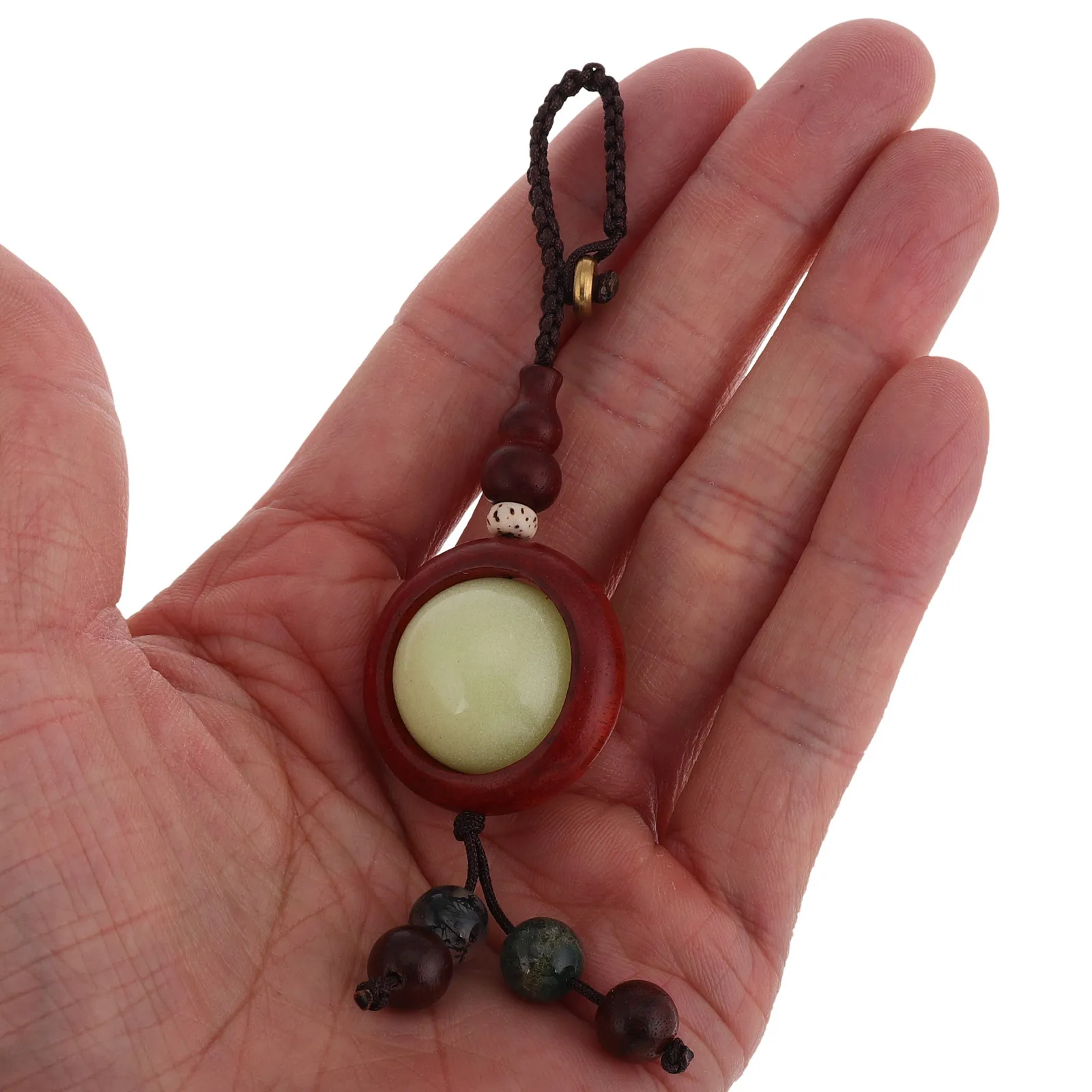 Vintage Sandalwood Phone Lanyard Glow in Dark Luminous Stone Bead Chinese Gourd Pendant Lucky Charm Keychain for Mobile Phone