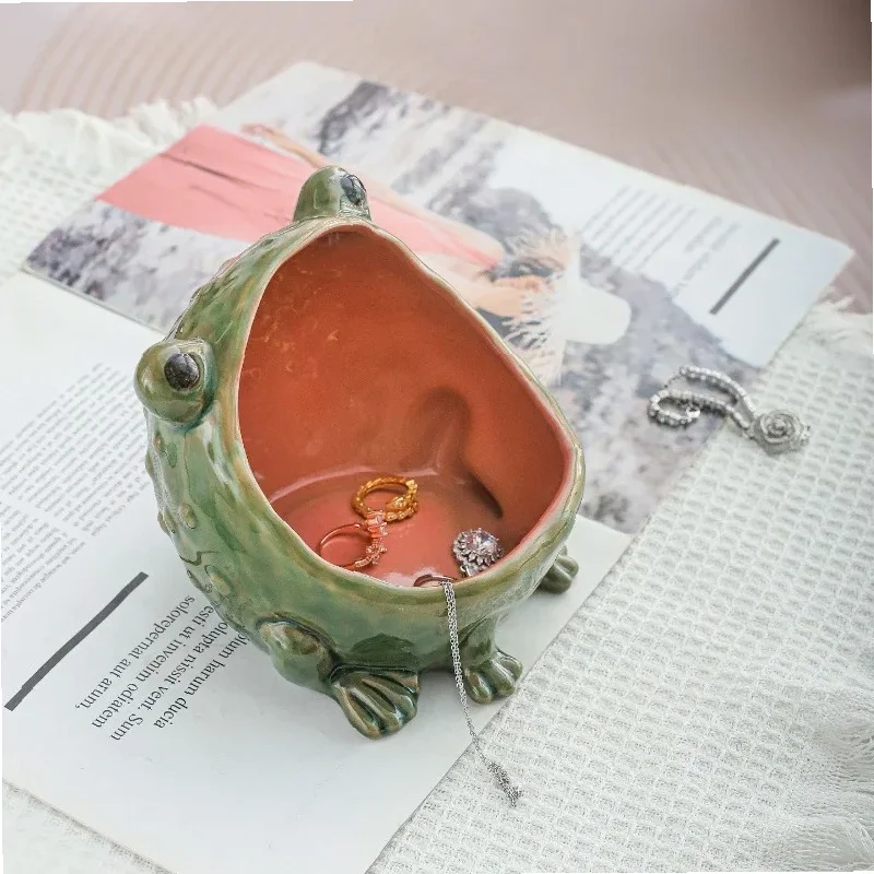 Ceramic Frog Jewelry Dish Big Mouth Ring Holder Cute Animal Trinket Tray Desk Decor Catchall Bowl Gift for Women Girls