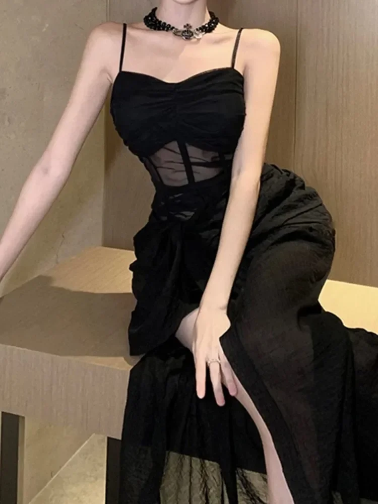 프랑스어 섹시한 블랙 분할 민소매 드레스 여름 새로운 패션 스파게티 스트랩 슬림 여성 저녁 파티 클럽 드레스
