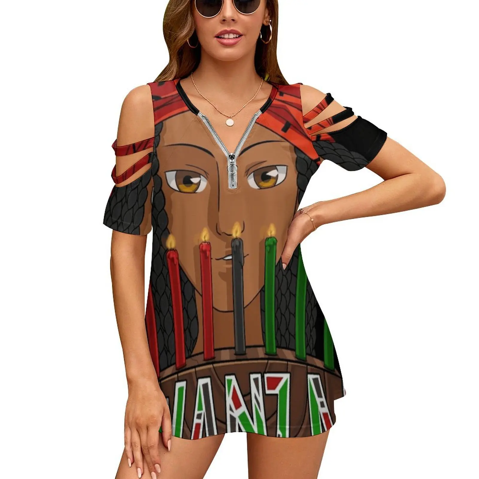 Kwanzaa Kinara Candles Women T-Shirt Crewneck Casual Short Sleeve Tops Summer Tees Kwanzaa Kinara Candles Africa African Seven