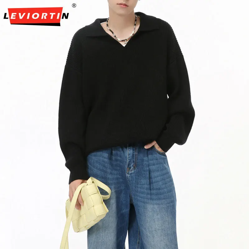 LEVIORTIN Men's Sweater Turn-down Collar Solid Color Casual Knitting Korean Style Male Pullover Clothing Simple Autumn Menwear