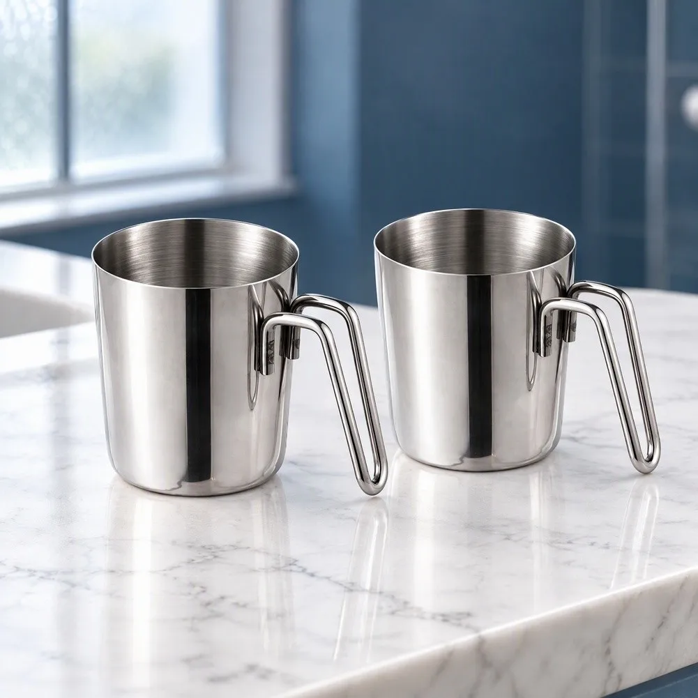 304 Stainless Steel Invertible Mouthwash Cup for Bathroom with Drain Design and Comfortable Curved 12x8.7x7.7cm
