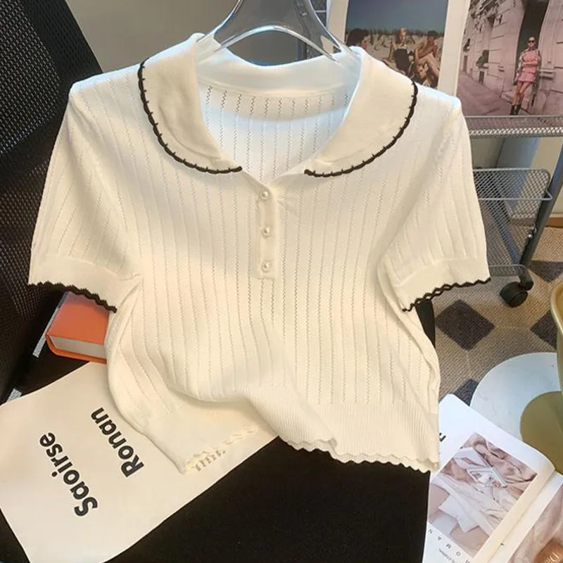 Summer Thin White Vertical Grain Polo Shirts Women Fashion Elegant Hollow Out Button T-shirt Office Lady All-match Knit Tops