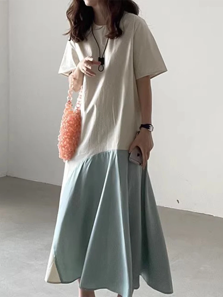 Kimotimo Dresses Women Summer O Neck Loose Color Contrast Patchwork Irregular Long Dress Korean Chic Casual Short Sleeve Robes