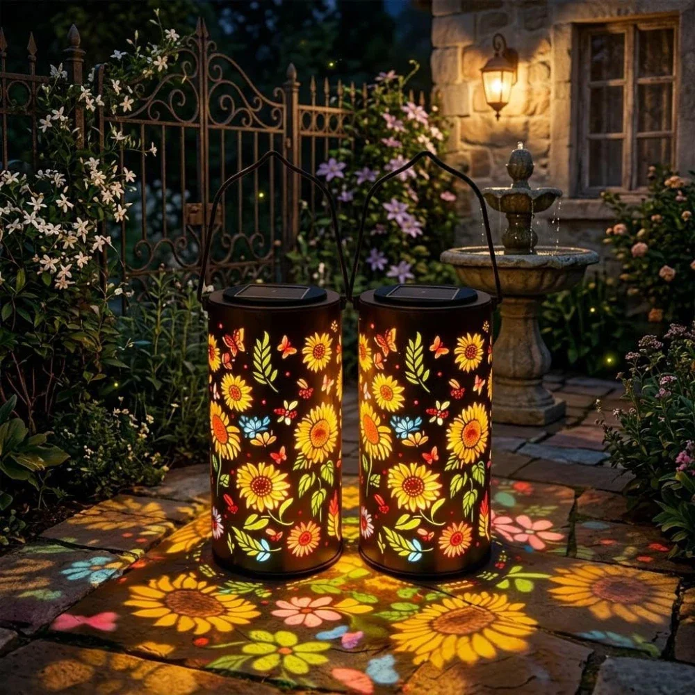 LED Solar Lantern Light Hollow Wrought Iron Projection Light Hanging Lamps Outdoor Waterproof Yard Garden Art Decoration