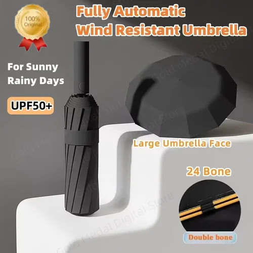 Paraguas plegable totalmente automático de 24 huesos, doble hueso SPF 50, protección UV, resistencia a la lluvia, fuerte resistencia al viento