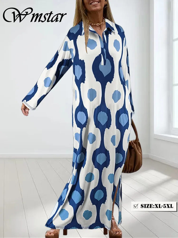 Wmstar Plus Size Dresses for Women 5xl Long Sleeve Print Maxi Long Dress Patchwork Summer Holiday Wholesale Dropshipping 2024