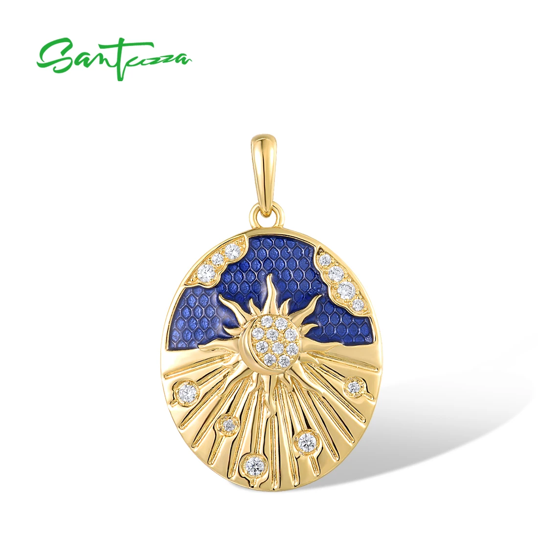 SANTUZZA Authentic 925 Sterling Silver Pendant for Women Sparkling White CZ Enamel Blue Sky&Sun Wedding Anniversary Fine Jewelry