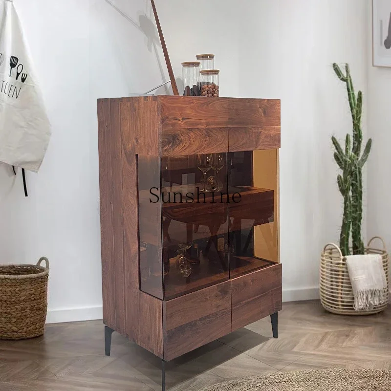 

Italian solid wood walnut color living room side cabinet glass cabinet storage wall simple display cabinet