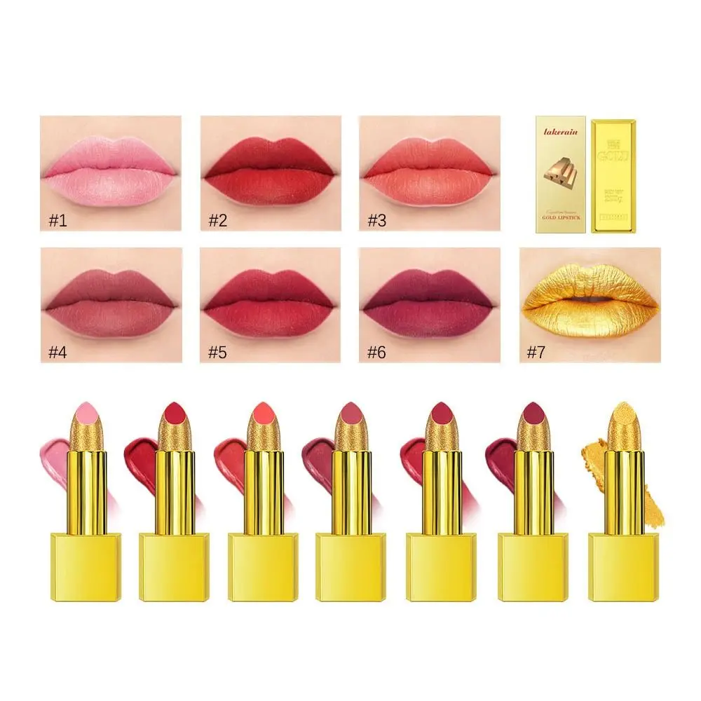 Lápiz labial dorado brillante de larga duración, pigmentos Nude, brillo metálico mate, tubo dorado, lápiz labial de terciopelo impermeable, cosmético