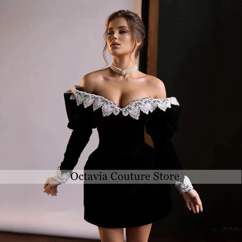 

Fashion Beauty Black Velvet Evening Dresses Long Sleeves Lace Short Mini Cocktail Party Gowns For Women 2026 Customized