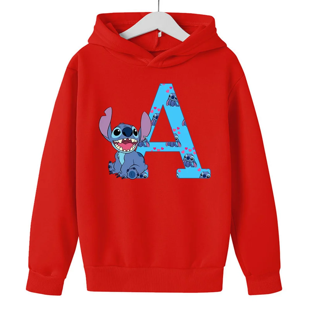 RED Children Hoodies Stitch Letter ABCD Kawaii  Pullover Sweatshirt Anime Manga Cartoons Girls Boy Kids Casual Clothes Tops